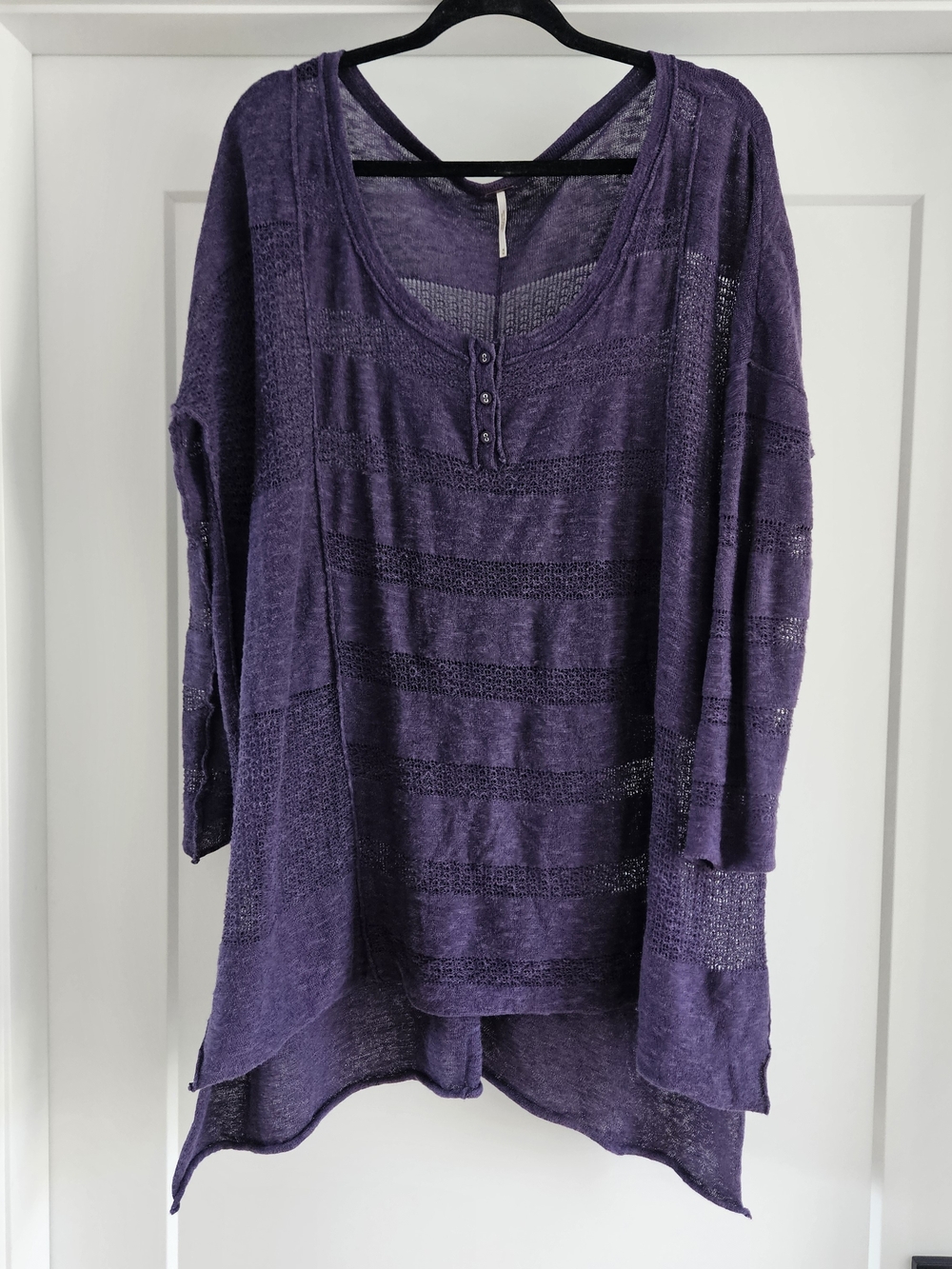 Free People Deep Purple Open-Knit Henley Tunic Oversized Medium Long Sleeve
